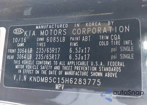 2017 Kia Sedona Lx from USA, damaged, VIN KNDMB5C15H6283775
